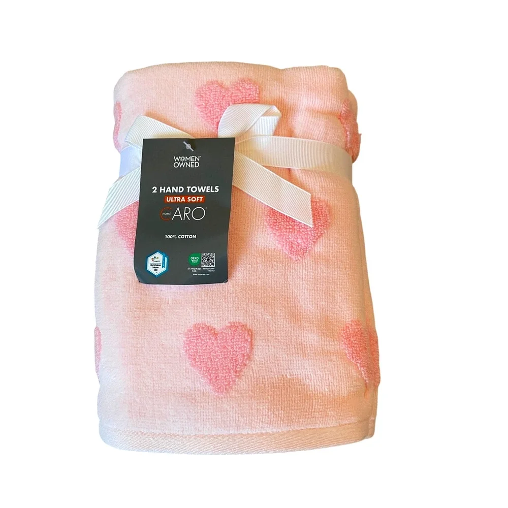 4pc Caro Home PINK HEART Cotton 2 Bath 2 Hand Towel Set Valentine's Day NEW
